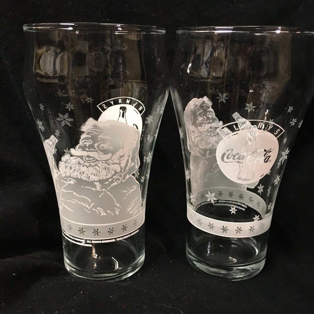 2 VTG "Always Coca-Cola"  Frosted Santa Glasses 1999 Coke Clear Christmas - Picture 2 of 8